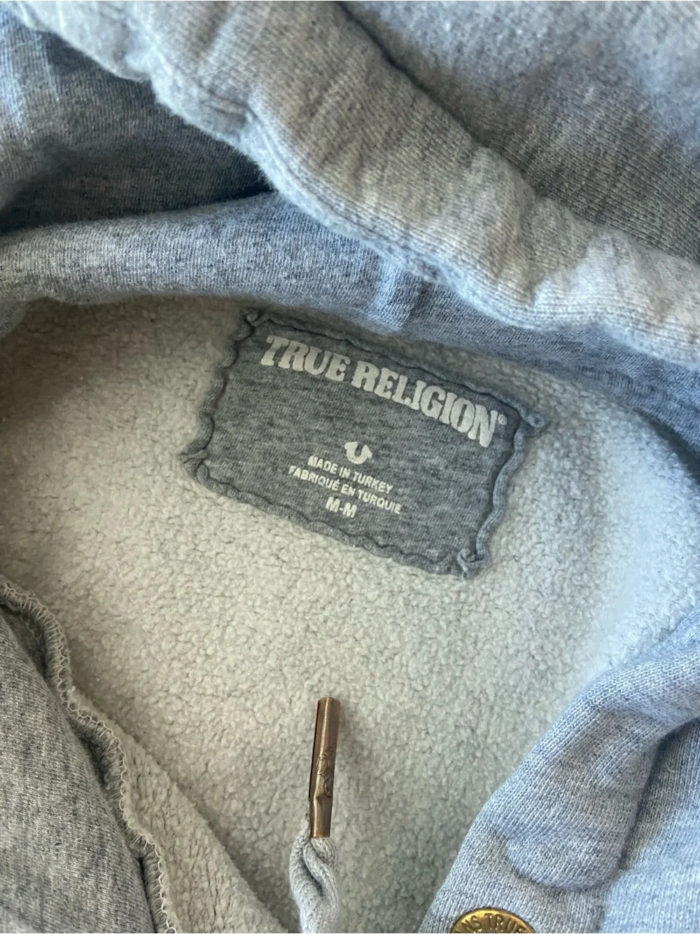 True Religion Heather Gray Hoodie with Red TRUE Box Logo